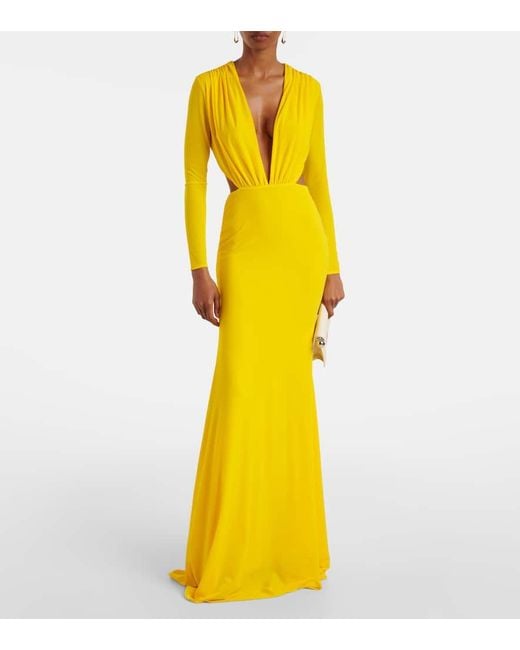Alex Perry Yellow Ruched Open-Back Crepe Jersey Gown