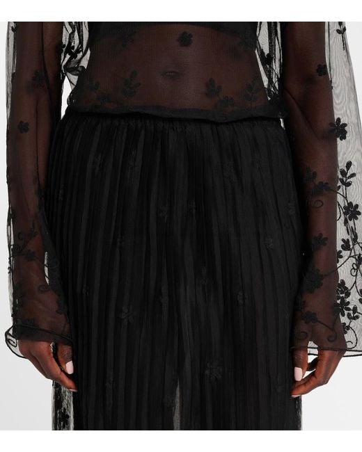 Totême  Black Embroidered Plisse Tulle Midi Skirt