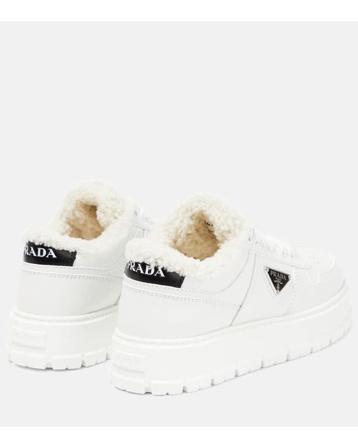 Prada White Shearling-Detail Low-Top Sneakers