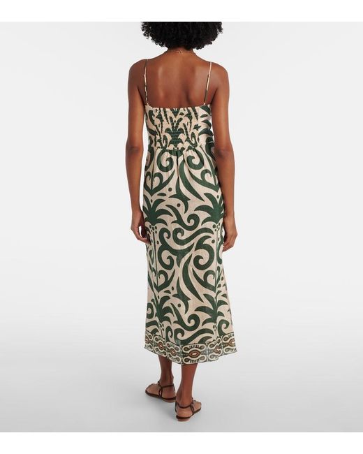 Johanna Ortiz Green Printed Linen Midi Dress