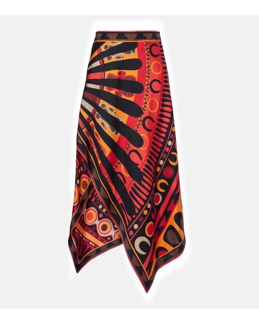 Emilio Pucci Red Soleil Asymmetric Silk Twill Midi Skirt