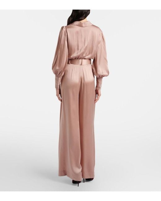 Zimmermann Pink Belted Pleated Silk Satin Wide-Leg Pants