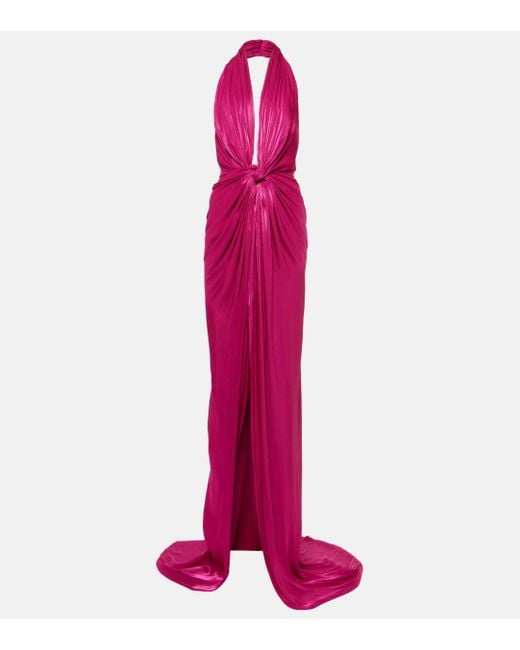 Costarellos Pink Colette Gathered Halterneck Satin Gown