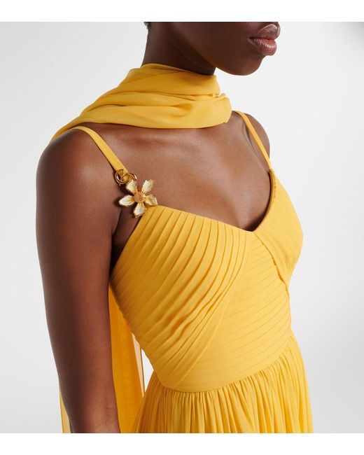 Elie Saab Yellow Embellished Scarf-Detail Silk Gown
