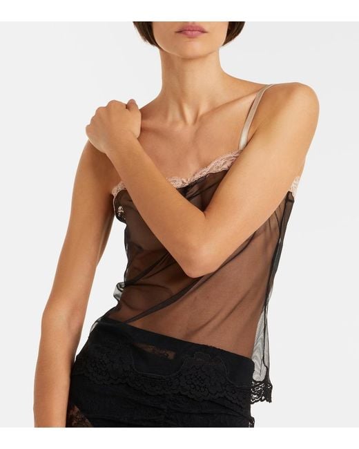 Valentino Gray Lace-Trimmed Sheer Mesh Camisole