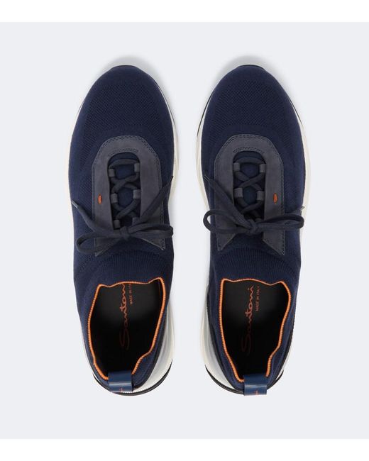Santoni Blue Leather-Trimmed Knitted Sneakers for men