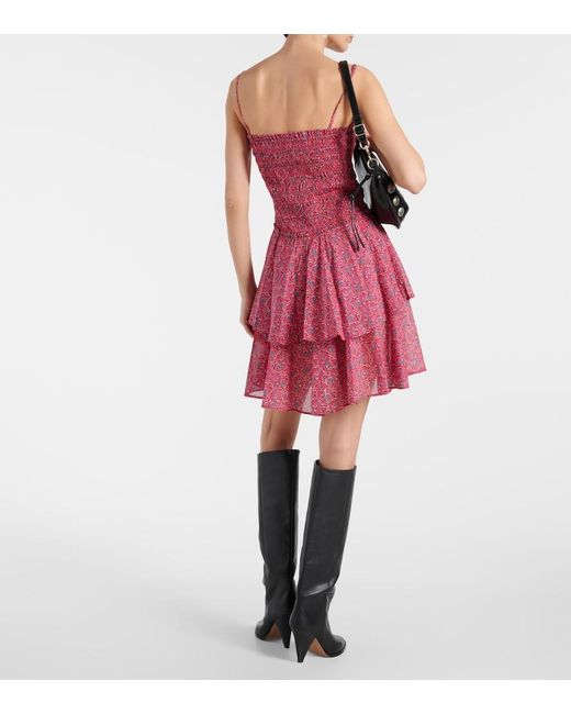 Isabel Marant Red Ankage Smocked Ruffled Cotton Minidress