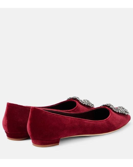 Manolo Blahnik Red Hangisi Embellished Velvet Ballet Flats