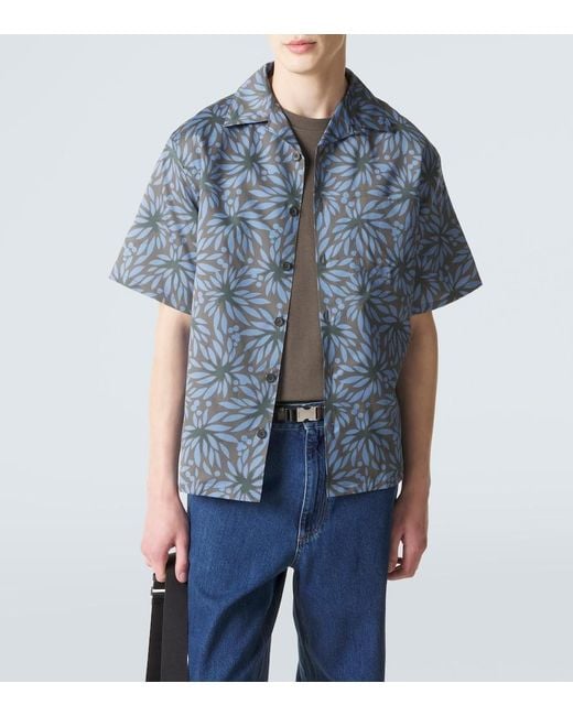 Prada Blue Printed Cotton And Silk Bowling Shirt for men