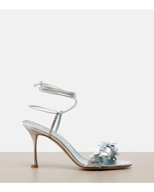 Manolo Blahnik Blue Anista Floral-Applique Leather Sandals