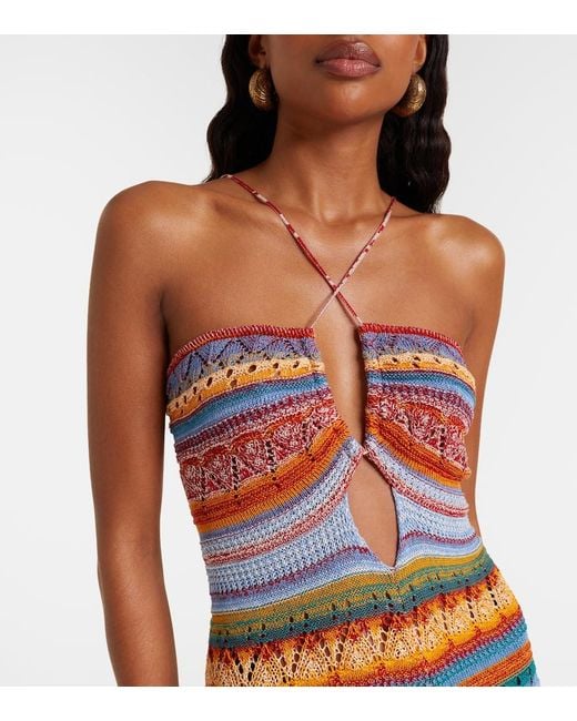Etro White Striped Crochet Cotton Maxi Dress