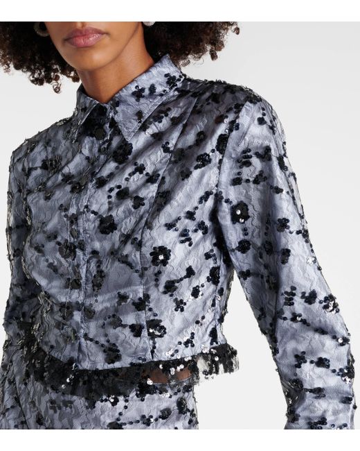 Ganni Blue Sequined Lace Cropped Shirt