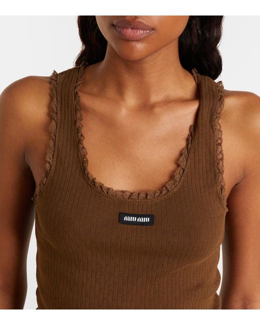 Miu Miu Brown Lace-Trimmed Pointelle Cotton Tank Top