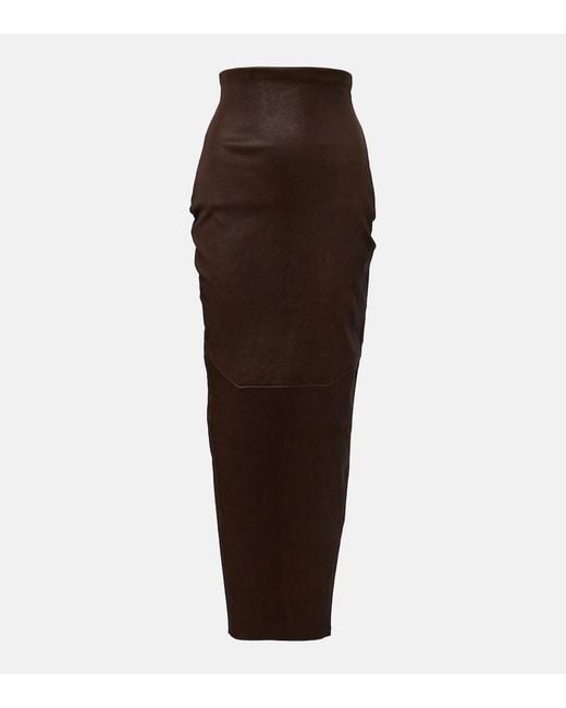 Rick Owens Brown Dirt Pillar Leather And Cotton Midi Skirt