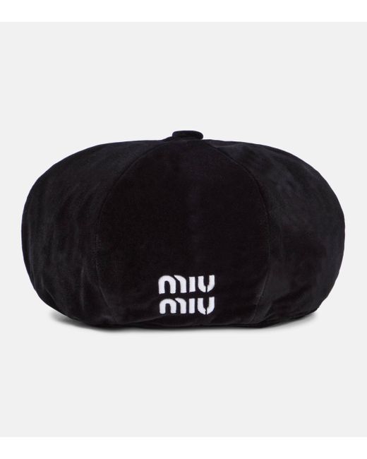 Miu Miu Black Logo Cotton Velvet Beret