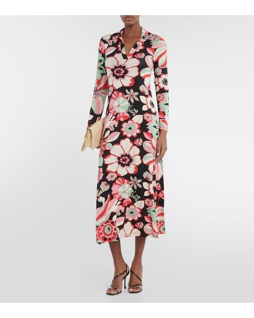 Rixo Red Tillie Floral Jersey Midi Dress