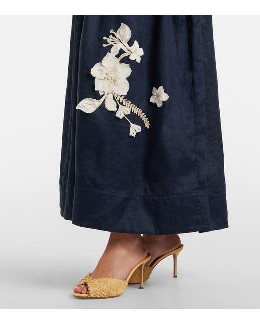 Agua Bendita Blue Sula Floral-Applique Linen Maxi Dress