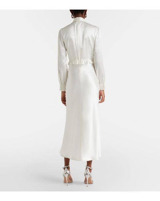 Alessandra Rich White Bow-Detail Ruffled Silk Satin Midi Dress