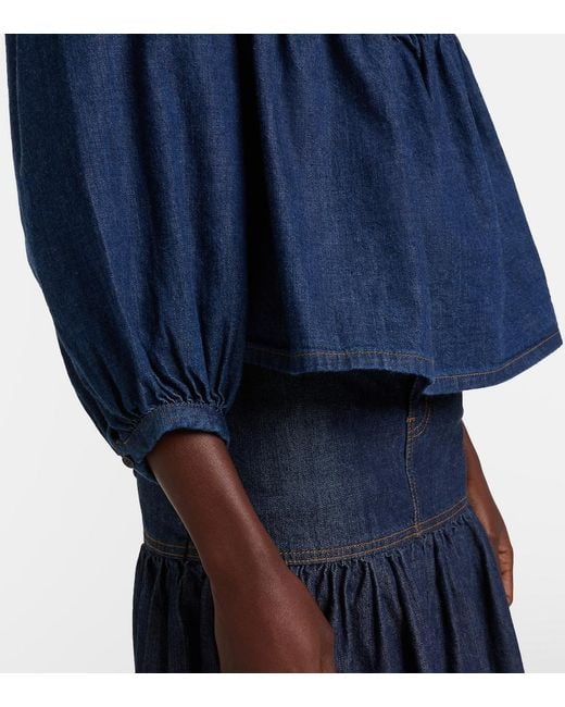 Saint Laurent Blue Gathered Denim Blouse