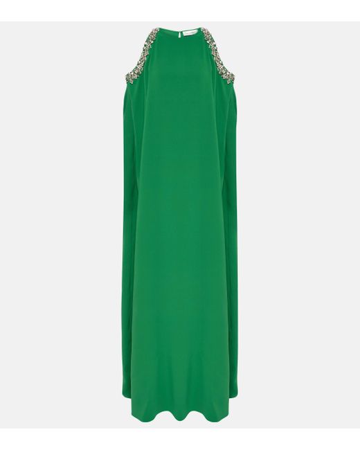 Oscar de la Renta Green Crystal-embellished Silk-blend Gown