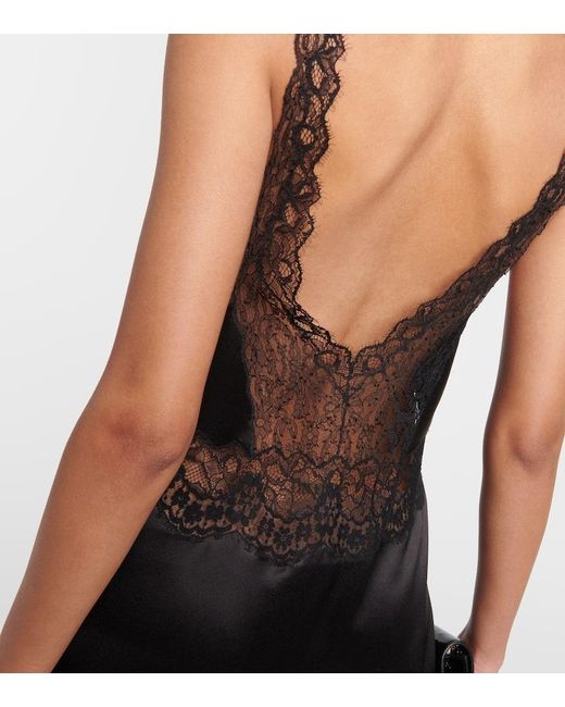 Saint Laurent Black Lace-trimmed Silk Satin Crepe Slip Dress