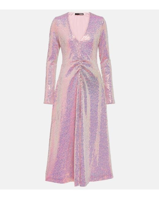 ROTATE BIRGER CHRISTENSEN Pink Ruched Sequined Midi Dress