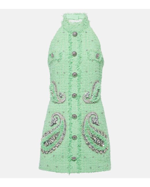 Balmain Green Embellished Tweed Minidress