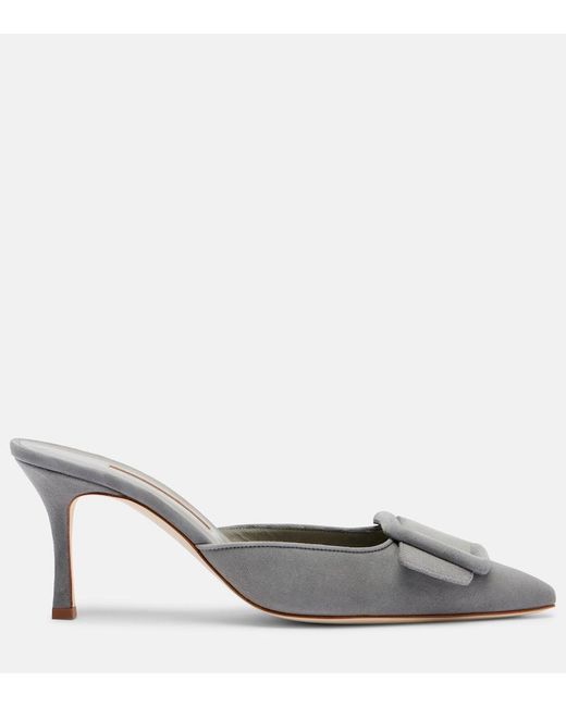 Manolo Blahnik Gray Maysale 70 Suede Mules