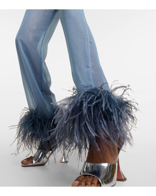 Oseree Blue Plumage Feather-trimmed Wide-leg Pants