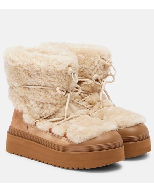Tory Burch Natural Mellow Shearling And Suede Lace-Up Boots