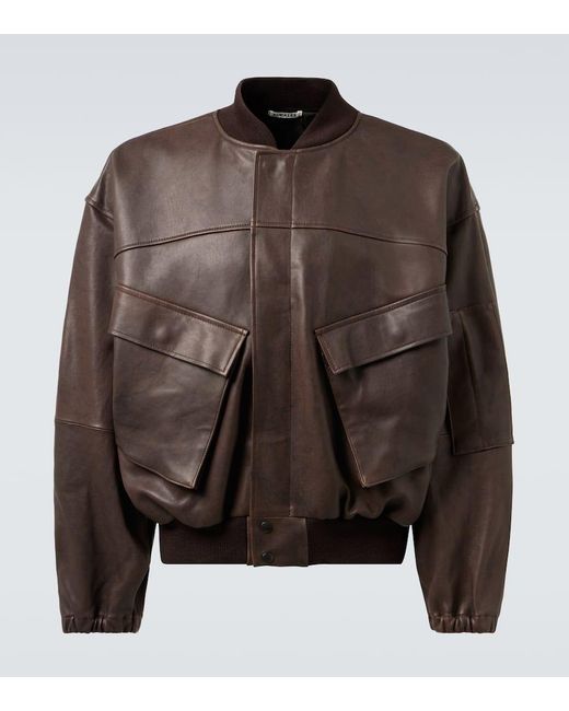 Auralee Brown Leather Bomber Jacket for men