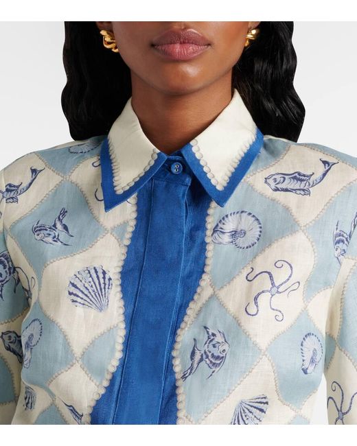 ALÉMAIS Blue Printed Linen Shirt Dress