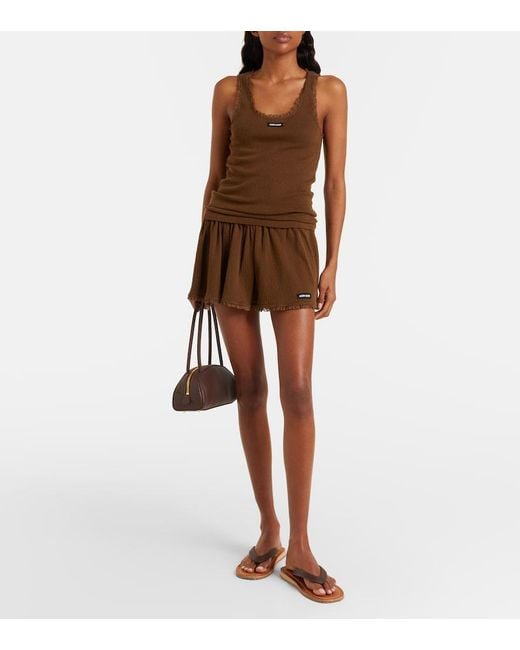Miu Miu Brown Lace-Trimmed Pointelle Cotton Miniskirt