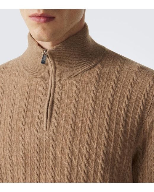 Fedeli Brown Cable-Knit Cashmere Half-Zip Sweater for men