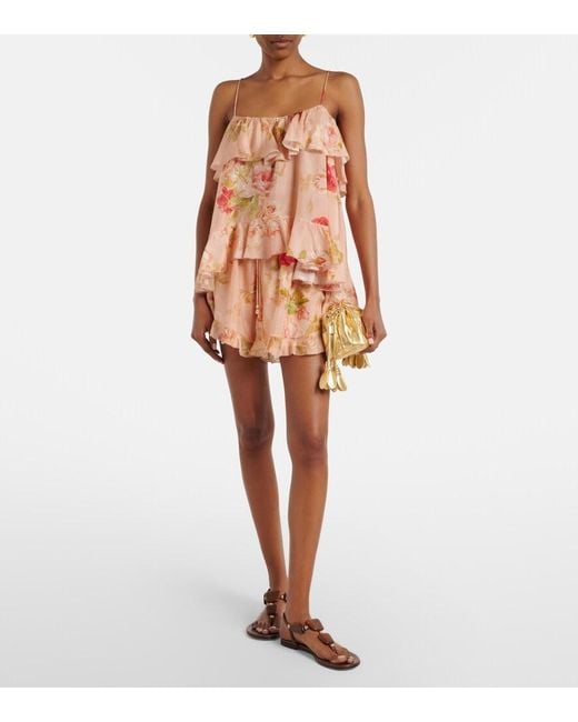 Zimmermann Pink Roselight Floral Ruffled Silk Camisole