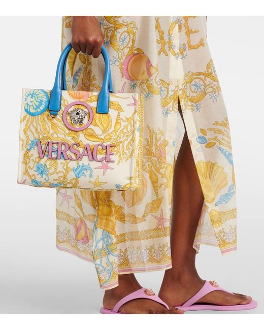 Versace Blue La Medusa Small Printed Canvas Tote Bag
