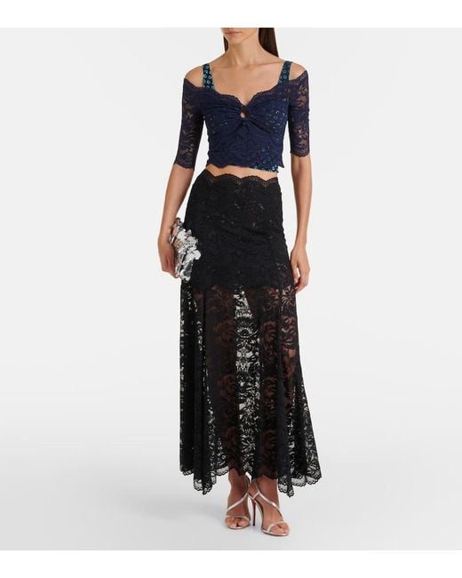 Rabanne Blue Trompe L'Oil Lace And Velvet Crop Top