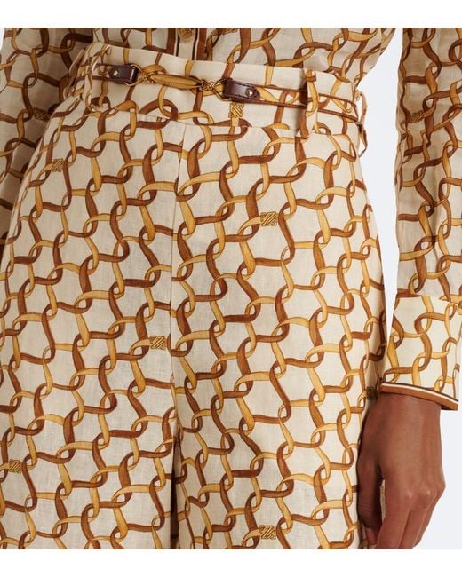 Zimmermann Metallic Belted Printed Linen Wide-Leg Pants