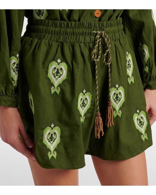 Farm Rio Green Bestickte Shorts Aus Einem Leinengemisch
