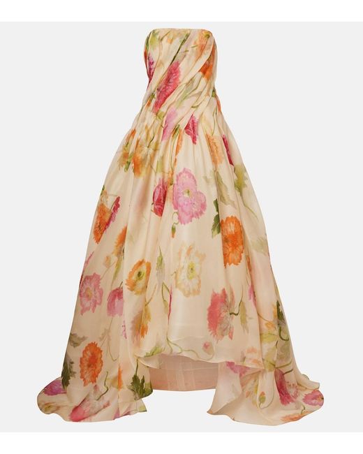 Carolina Herrera White Floral Silk Crepe Organza Bustier Gown