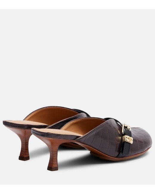 Ganni Brown 40 Crocodile-Effect Leather Mules
