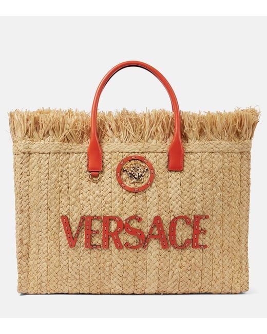 Versace Brown La Medusa Leather-Trimmed Straw Tote Bag