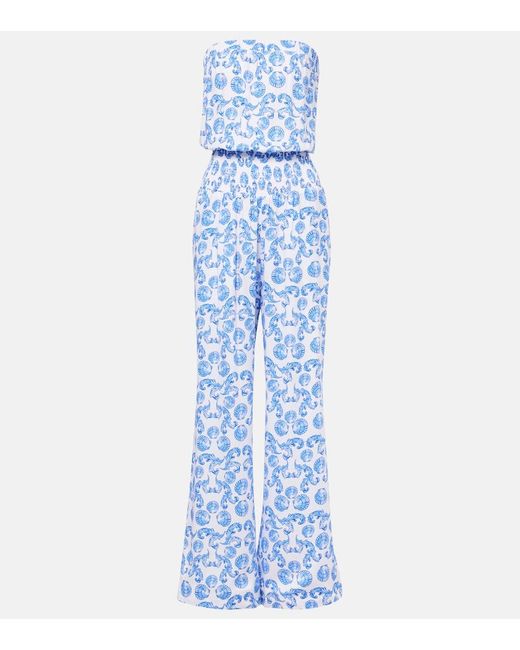 Melissa Odabash Blue Naomi Shirred Cotton Bandeau Jumpsuit