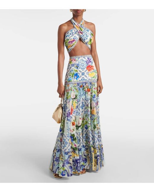 Camilla Blue Crystal-Embellished Halterneck Wrap Top