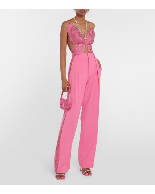 Area Pink Embellished Wool Wide-Leg Pants
