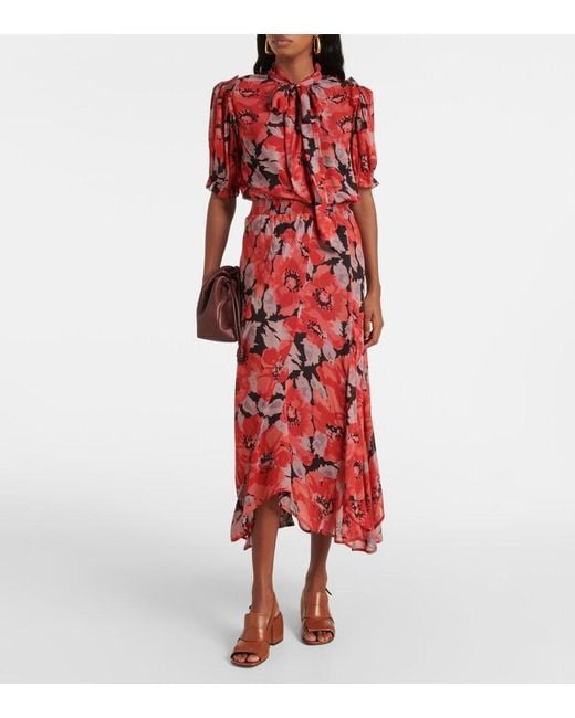 Polo Ralph Lauren Red Floral Georgette Midi Dress