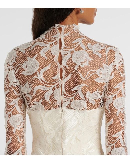 Danielle Frankel White Bridal Adena Floral Lace-Trimmed Wool And Silk Gown