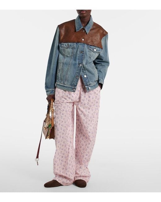 Prada Blue Leather-Trimmed Denim Jacket