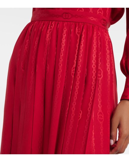 Gucci Red Interlocking G Silk Jacquard Midi Skirt