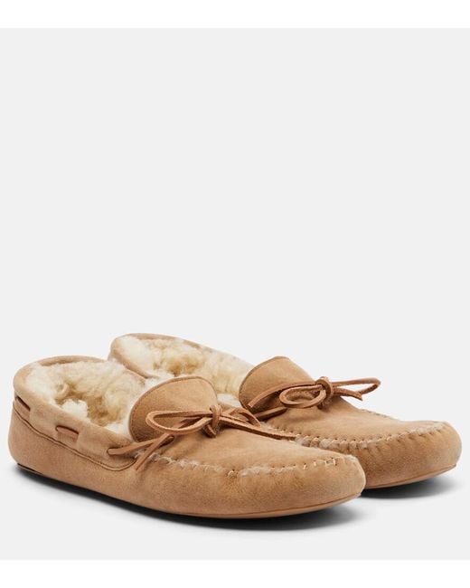 The Row Natural Lucca Shearling-Trimmed Suede Boat Shoes